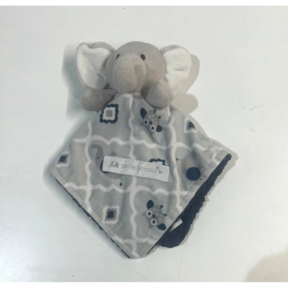 Petite L'amour Gray Blue Elephant Owl Baby Security Blanket Lovey Lovie Sherpa